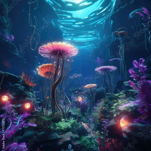 AI-generated underwater world with neon-colored sea creatures and plants