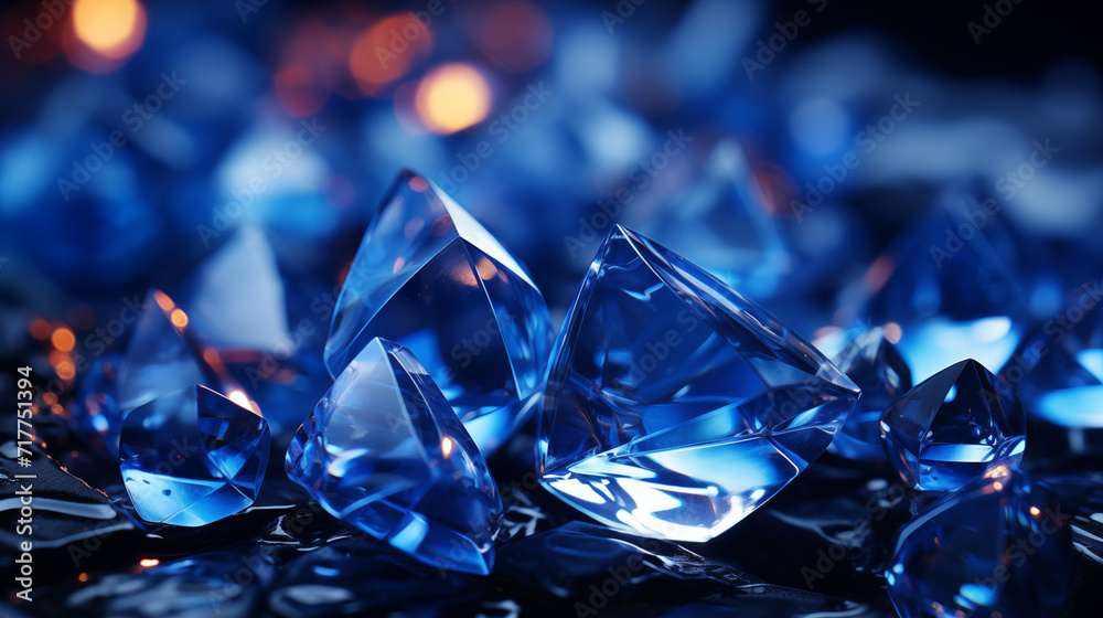 Background with blue crystals. Abstract background with bokeh effect. Blue glass crystals with reflections of light. AI generative Background with blue crystals. Abstract background with bokeh effect. Blue glass crystals with reflections of light. AI generative