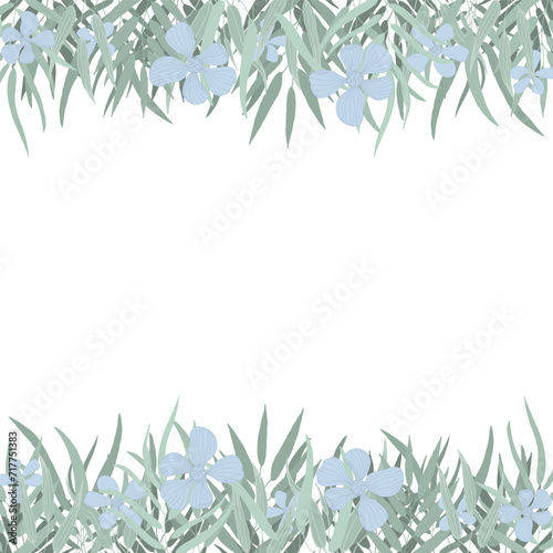 Decorative square card with top and bottom borders of leaves and blue flowers. Botanical borders isolated on white background. Floral frame for greeting cards   design of invitations.