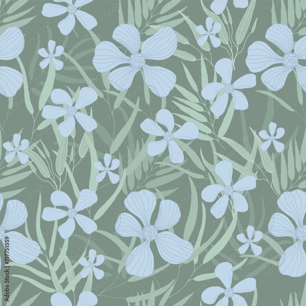 Seamless square pattern with elegant green leaves and blue flowers.Pattern on changeable green background.Elegant texture for printing on fabric,paper.Flat illustration style. Floral botanical pattern