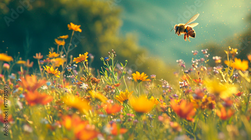 Bees in the meadow and apiary. Selective focus. photo