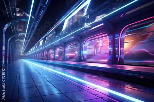 Futuristic train station with sleek design and neon lights