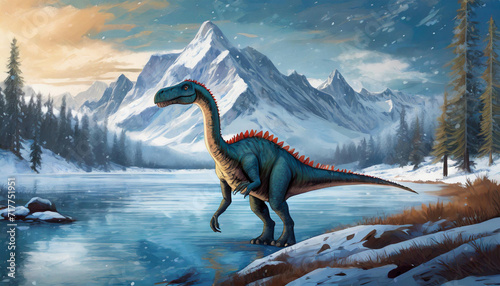 dinosaur walks alone into cold lake  art design