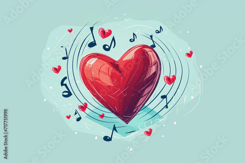 Illustration of a heart with musical notes around it, Valentine's day, Flat illustration photo