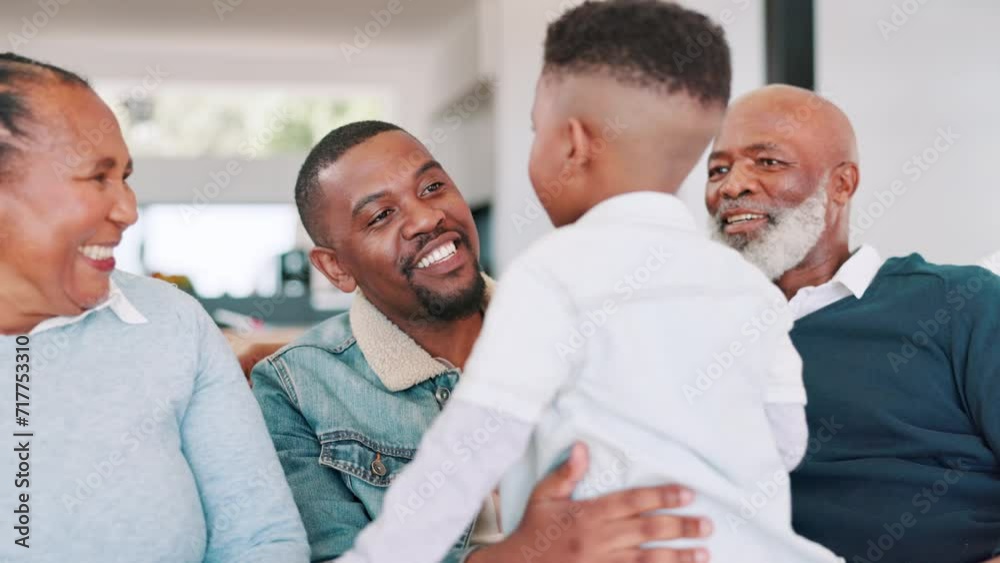 Family, child and hug or laughing for funny conversation at home, communication and relaxing together. Black people, boy and bonding in living room, happiness and generational love or embracing Family, child and hug or laughing for funny conversation at home, communication and relaxing together. Black people, boy and bonding in living room, happiness and generational love or embracing