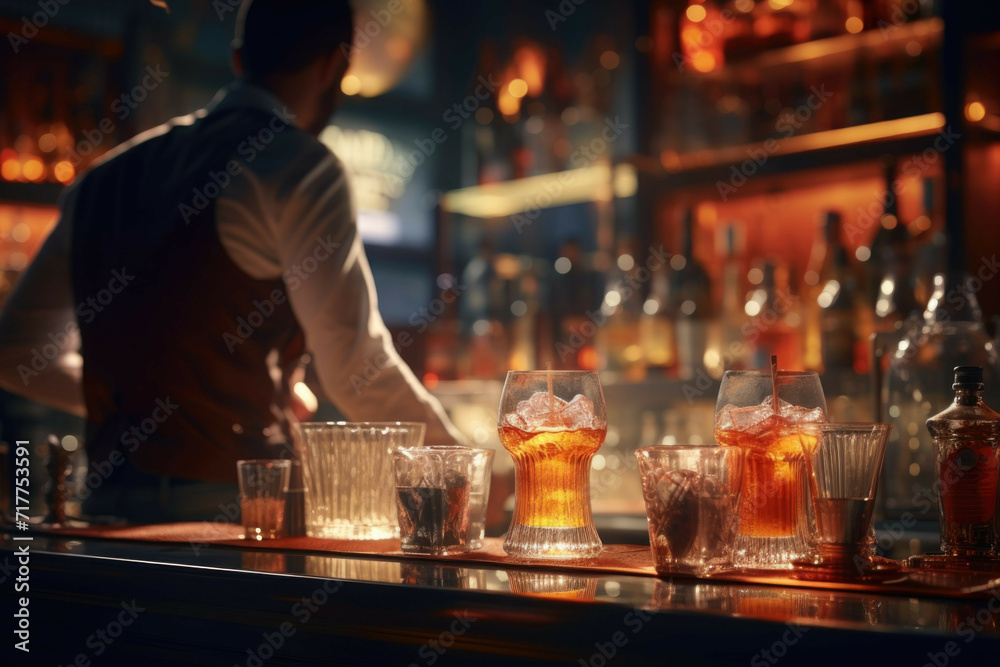 Bartender mixing cocktails behind bar