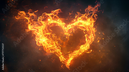 bright flamy heart symbol on the black background. generative ai