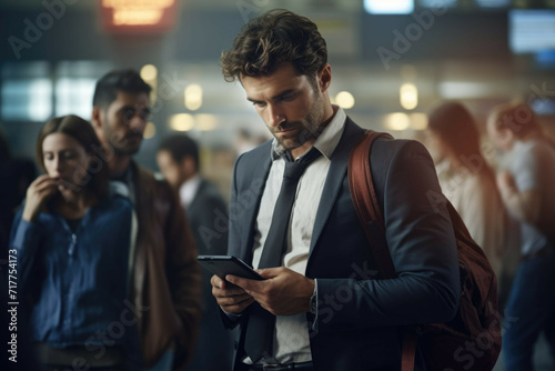 Businessman using smartphone in busy train station.