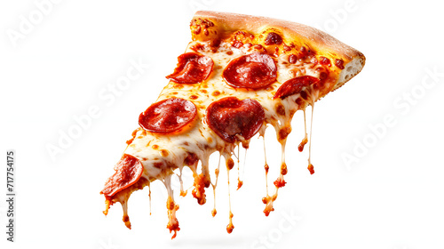 Template with delicious tasty slice of pepperoni pizza flying on white background.