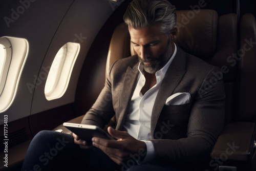 Businessman working on tablet in first-class airplane seat. © Michael Böhm