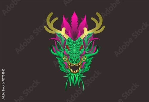 illustration work combining dragon head and marijuana leaves