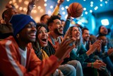 A group of friends in sports gear watching a March Madness basketball game, showing excitement and team spirit