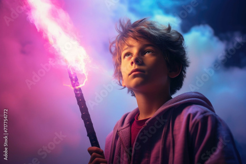 a boy with lightsabers in front of a colorful light cloud