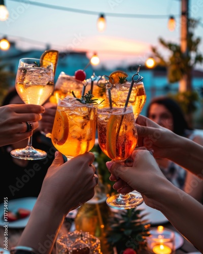 A group of friends toasting with artisanal cocktails at a trendy rooftop bar during sunset