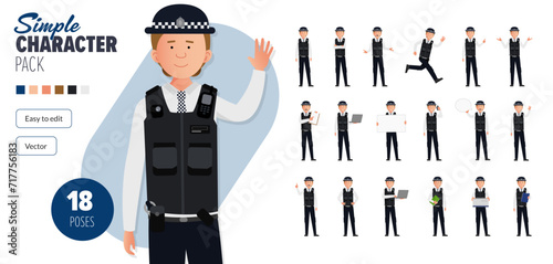 Simple flat British police woman officer vector character in a set of multiple poses. Easy to edit and isolated on a white background. Modern trendy style character mega pack with lots of poses.