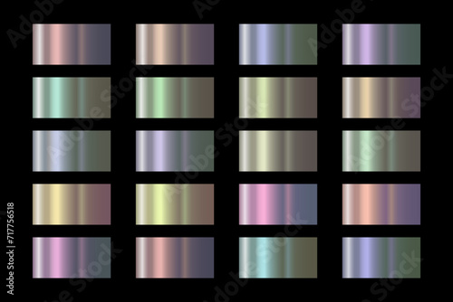 Holographic textures set. Colorful hologram chrome metal gradients set. Neon blue backgrounds vector design. Chrome texture surface template collection for background, screen, mobile, digital, app