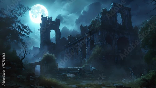 As dusk falls, the moon casts an otherworldly glow on the ruins, igniting the imagination of those who dare to venture inside. Fantasy animation photo