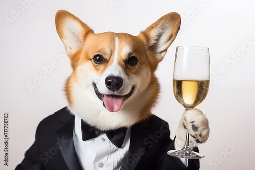 Pembroke Welsh Corgi in a suit at a party with a glass of champagne on a white background. Happy New Year greetings from a dog. The wolf of Wall Street.