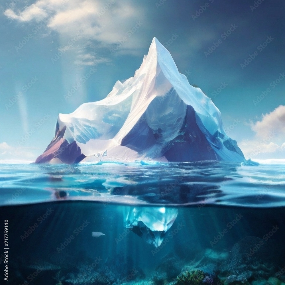 Iceberg with a hidden mountain in the sea with a view underwater.