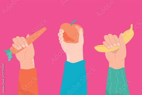 illustration of group hands holding fruit