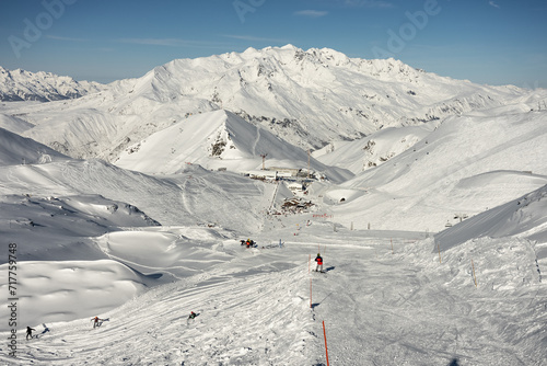 Snowy alps mountains in Europe.. French alps in winter, Les deux alpes Rhone Alpes in France Europe