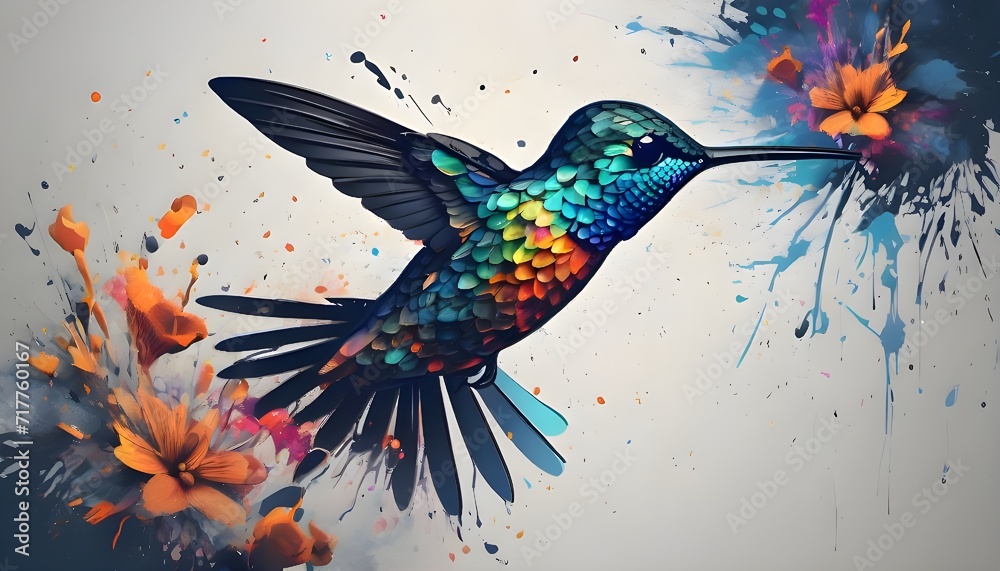multicolor digital painting of hummingbird and flowers