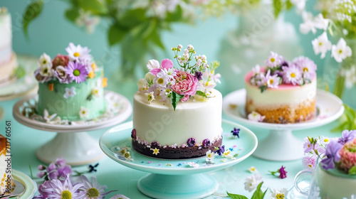 Very beautiful desserts  awarded a Michelin star  desserts decorated with flowers  standing on unusual stands. The works of culinary art look very appetizing.