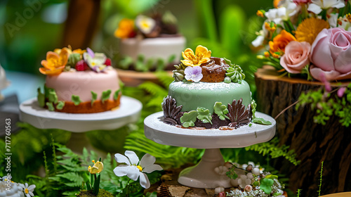 Very beautiful desserts, awarded a Michelin star, desserts decorated with flowers, standing on unusual stands. The works of culinary art look very appetizing.