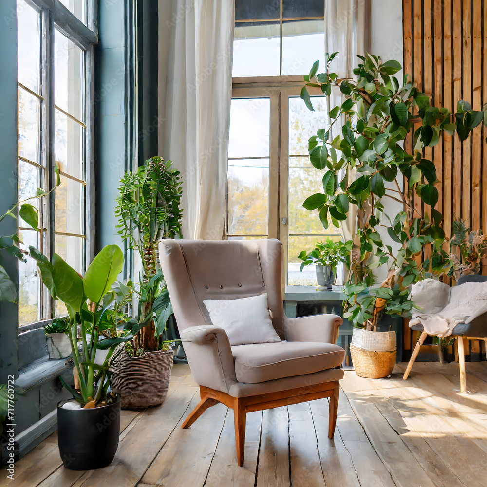 Bright scandinavian apartment with armchair, houseplants on hardwood floor against window. Generative AI.