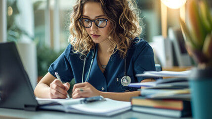 female medical professional wearing scrubs and glasses, focused on writing notes in a book