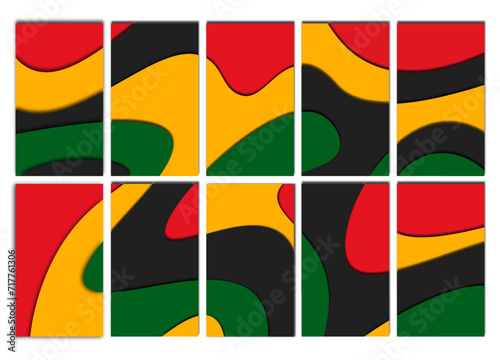 Set of black history month background. Red, yellow, green, black color with papercut effect. Papercut background, copy space, vector illustration