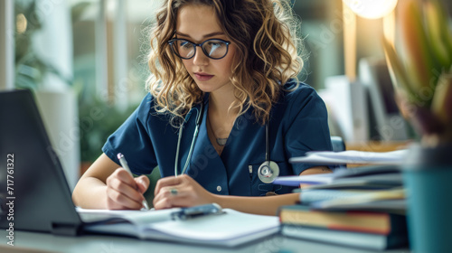 female medical professional wearing scrubs and glasses, focused on writing notes in a book photo