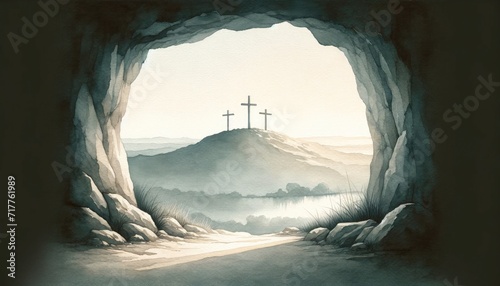 View on the three Crosses on Golgotha from the Holy Sepulchre at sunrise. Digital watercolor painting illustration.