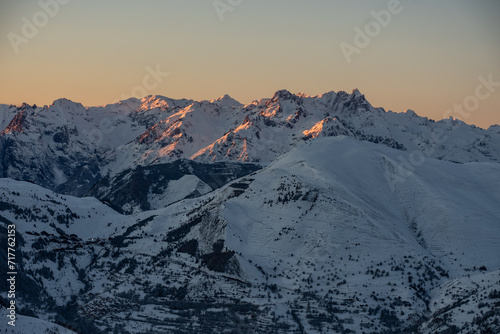 Snowy alps mountains in Europe.. French alps in winter, Les deux alpes Rhone Alpes in France Europe