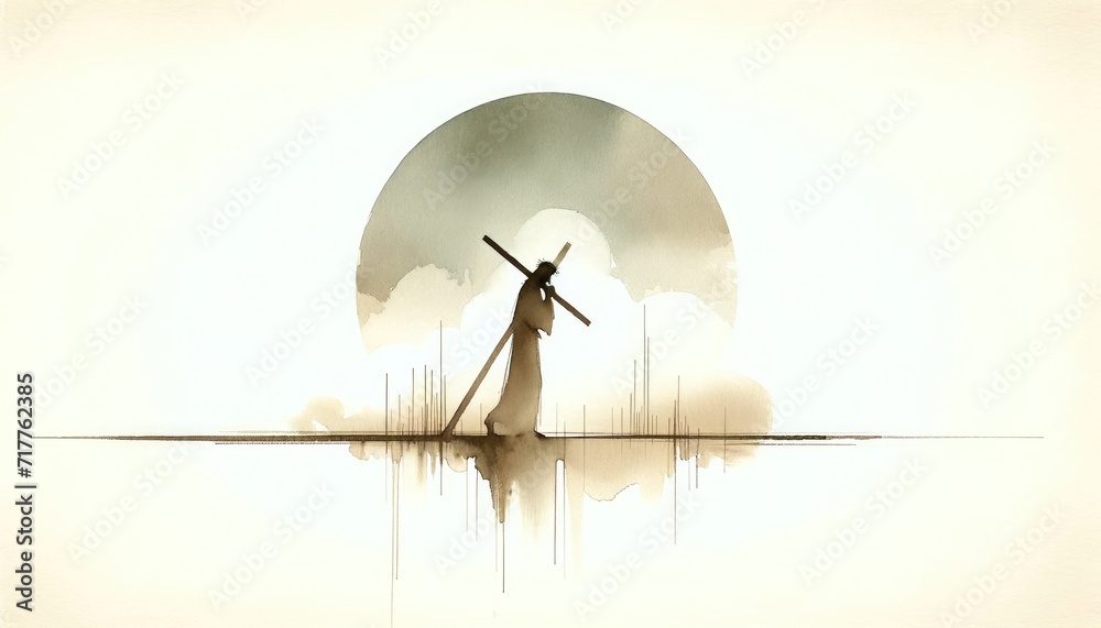 Jesus takes up his Cross. Digital watercolor painting illustration. - obrazy, fototapety, plakaty 