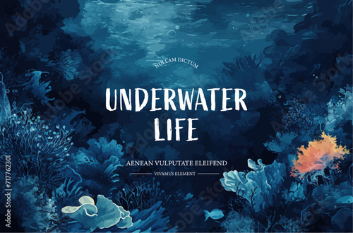 Underwater scene with coral reef, fish and seaweed. Vector illustration.
