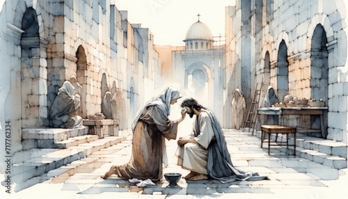 Veronica wipes the face of Jesus. Digital watercolor painting. photo