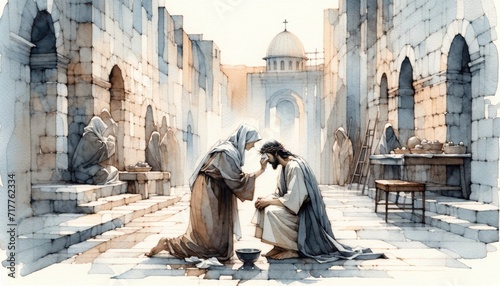 Veronica wipes the face of Jesus. Digital watercolor painting.