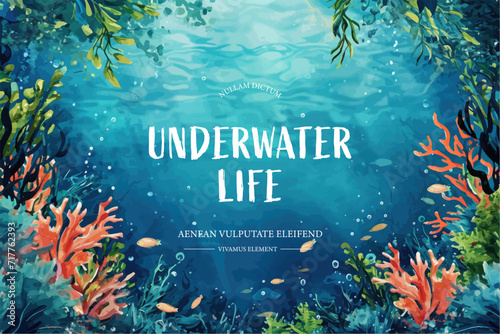 Underwater scene with coral reef, fish and seaweed. Vector illustration.