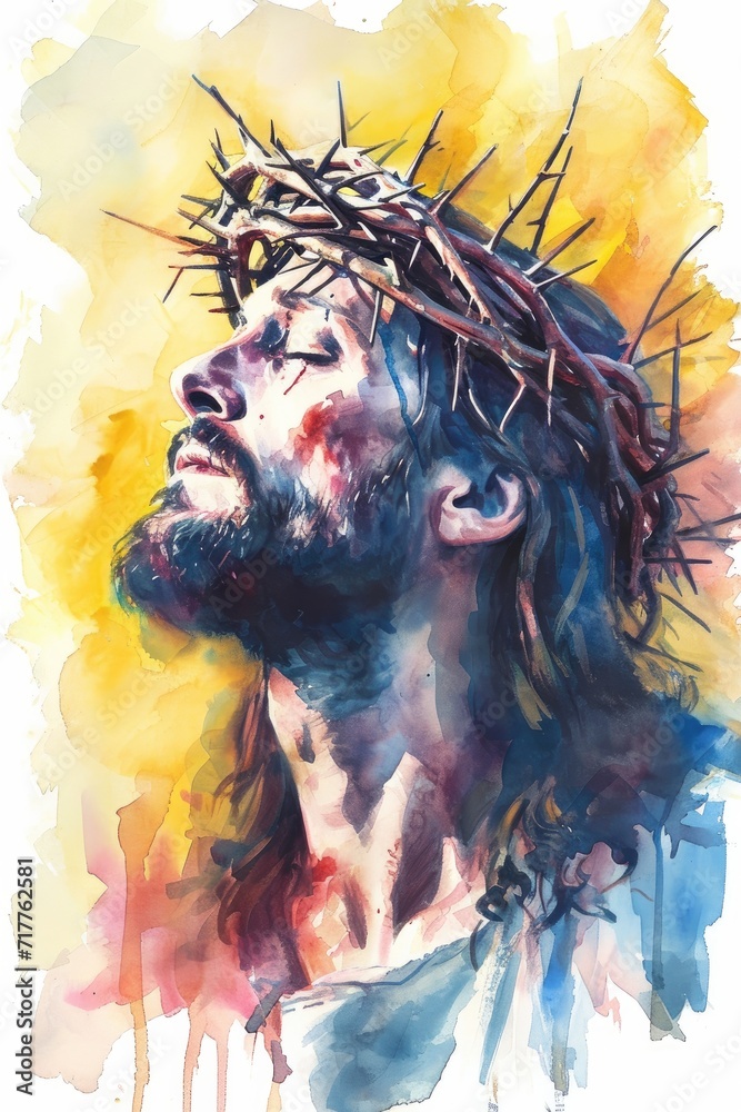 Portrait of Jesus with crown of thorns, his eyes closed, praying. Colorful oil painting.