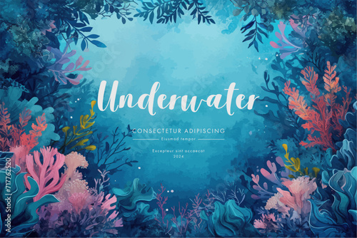 Underwater scene with coral reef, fish and seaweed. Vector illustration.