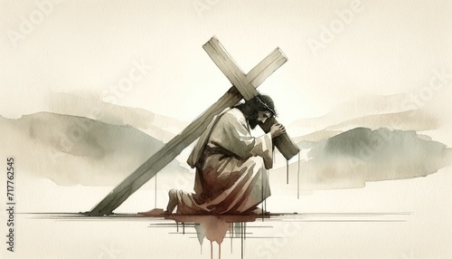 Jesus takes up his Cross. Digital watercolor painting illustration.