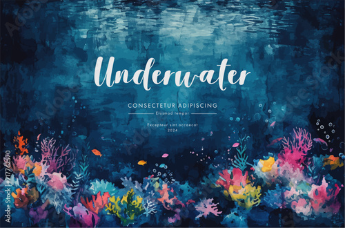 Underwater scene with coral reef, fish and seaweed. Vector illustration.