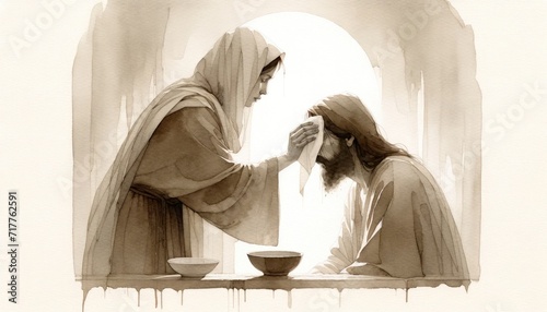 Veronica wipes the face of Jesus. Digital watercolor painting. photo