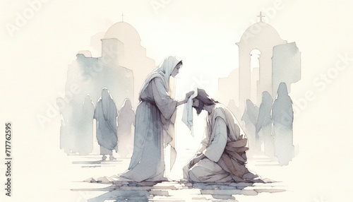 Veronica wipes the face of Jesus. Digital watercolor painting. photo