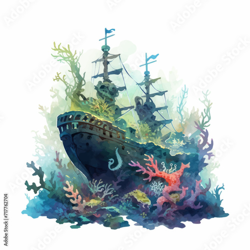 Coral reef with ship in watercolor style. Vector illustration.