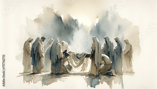 Jesus is taken down from the Cross and given to his Mother, Digital watercolor painting.