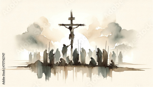 Jesus dies on the Cross. The Crucifixion and Death of Jesus. Digital watercolor painting. photo