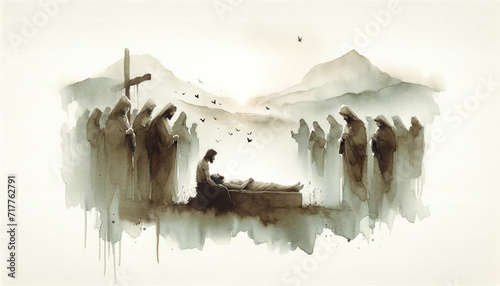 Jesus Christ is laid in the tomb. Watercolor digital painting. photo
