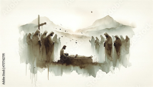 Jesus Christ is laid in the tomb. Watercolor digital painting.